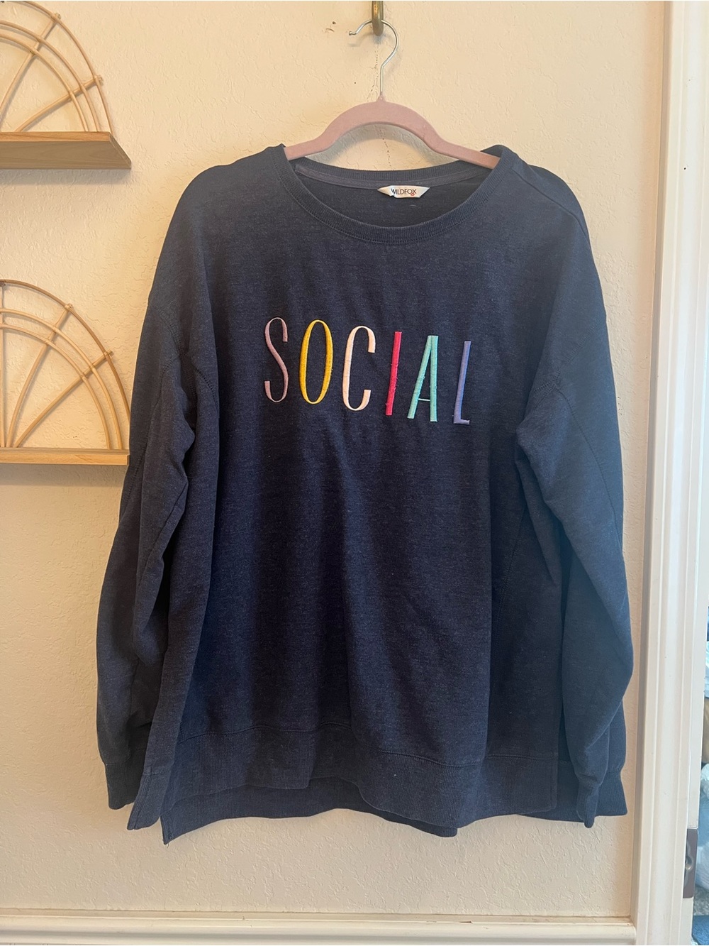 Wildfox SOCIAL Embroidered Navy Crewneck Sweatshirt Oversized